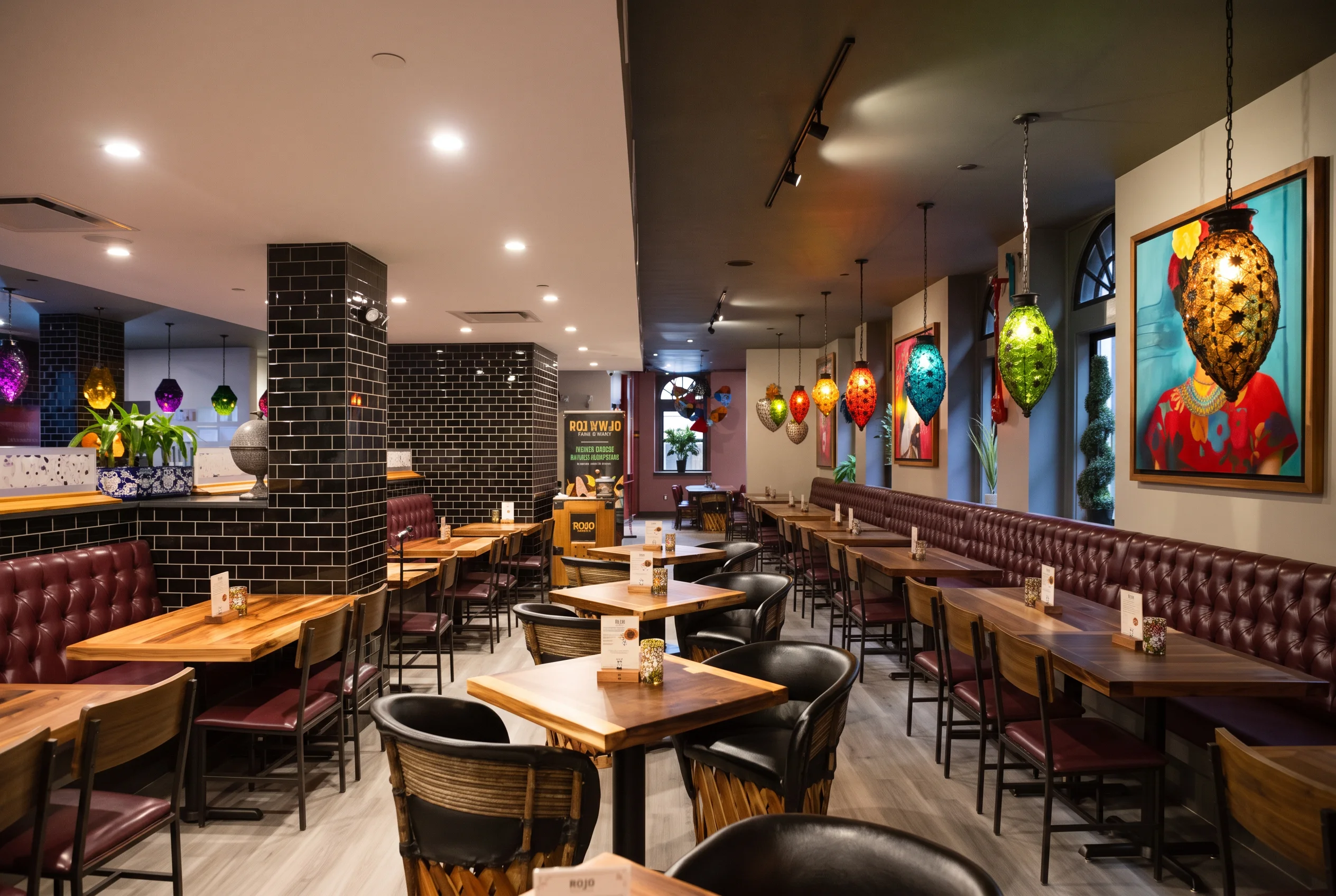 Rio Viejo dining room with colorful Mexican glass lamps